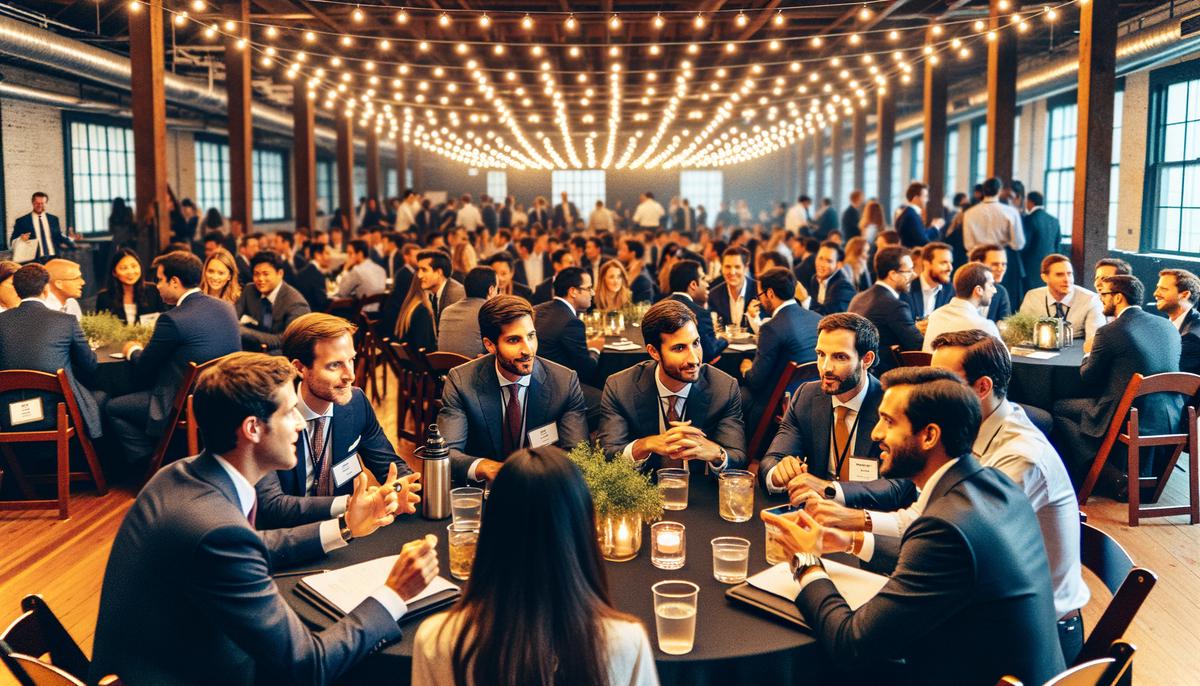 A candid shot of diverse professionals engaged in lively conversation at a corporate event in Atlanta