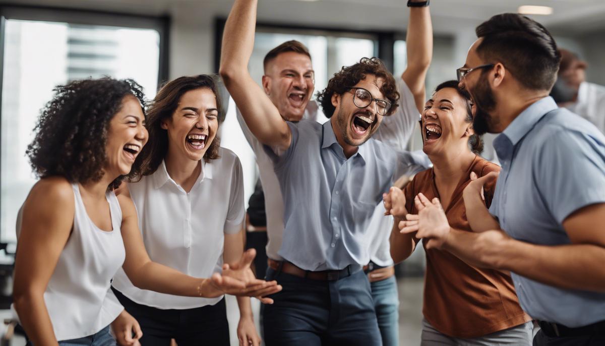 A candid photograph of corporate employees engaged in a team-building activity, showcasing genuine laughter and interaction