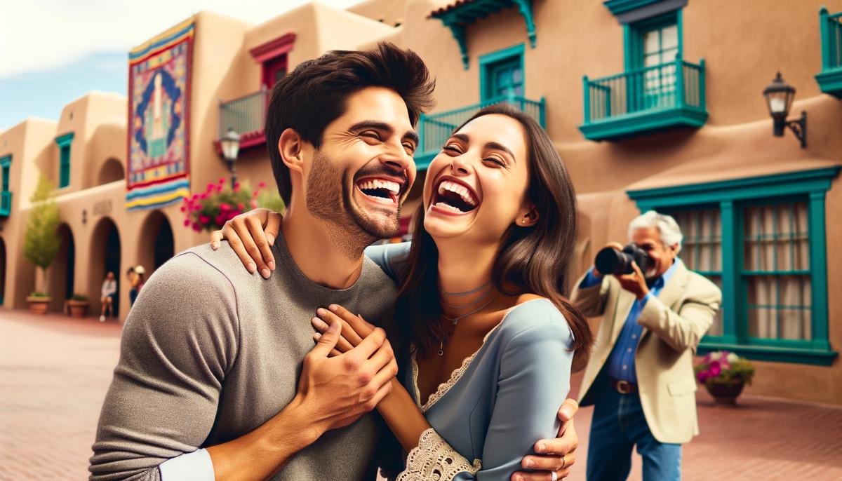 A laughing couple during their engagement photo session in a colorful Albuquerque setting, with the photographer visible in the background