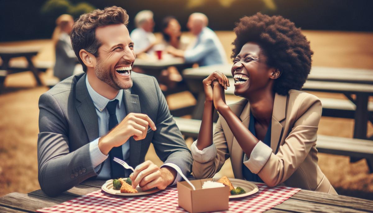 A candid photograph of two employees laughing together while sitting at a picnic table