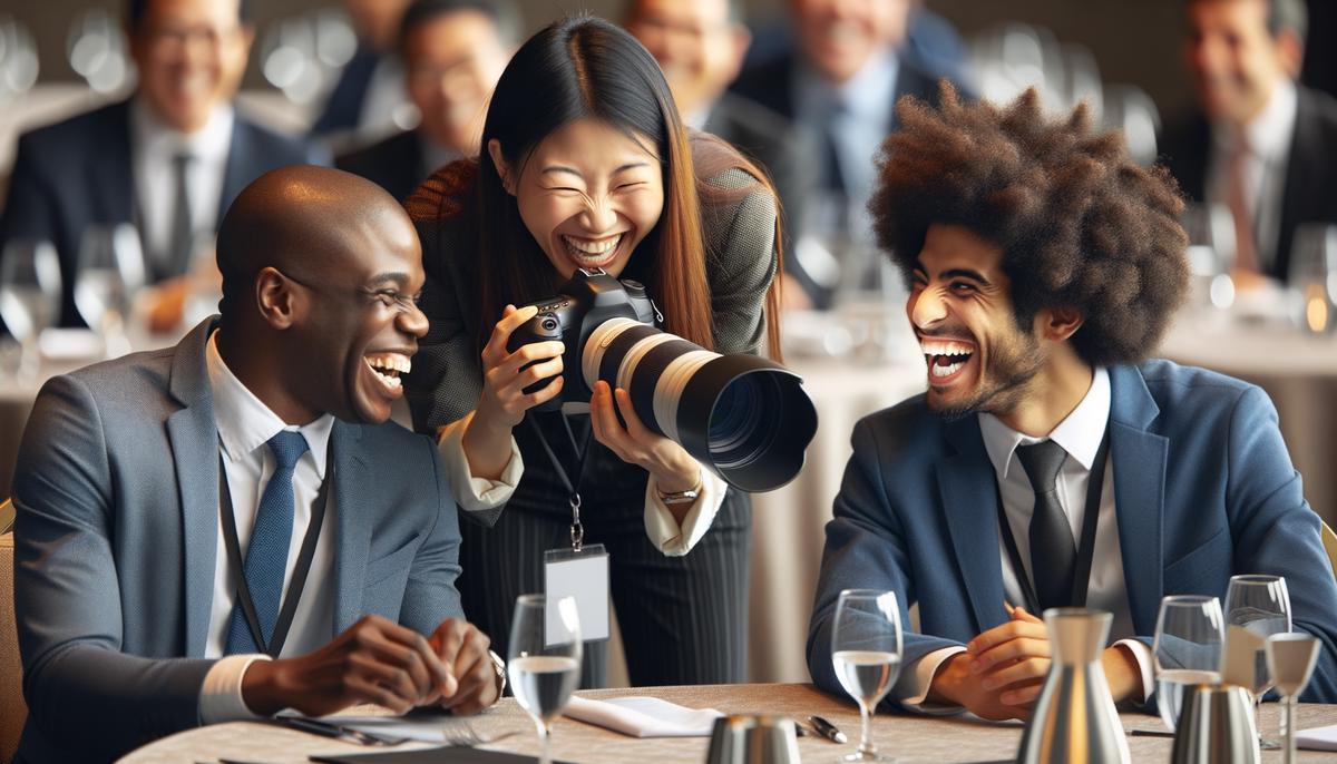 A photographer discreetly capturing a candid moment of laughter between diverse attendees at a corporate event