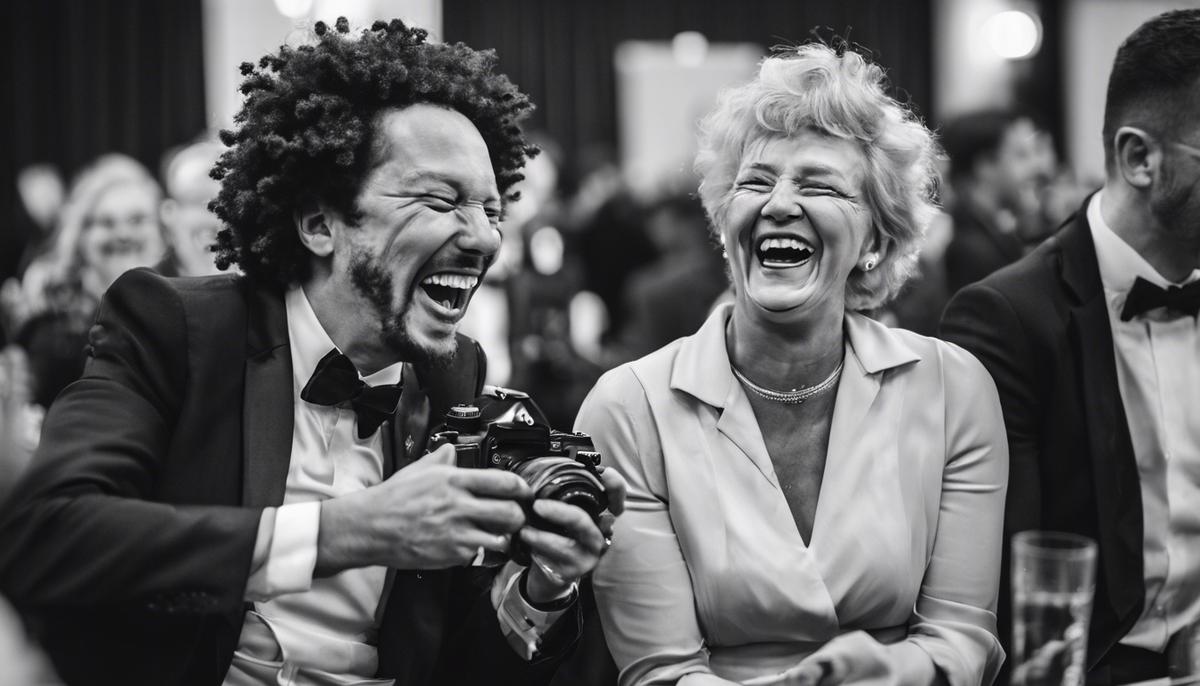A photographer capturing a candid moment of laughter and joy between two attendees at an awards ceremony