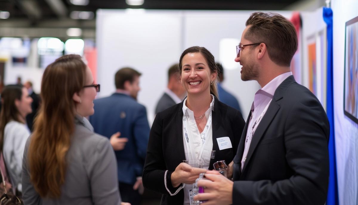 Candid shot of professionals networking near a professional headshot booth at a Tampa trade show