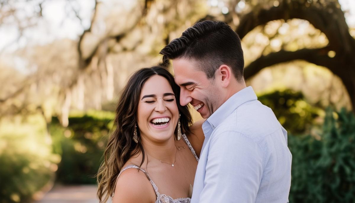 A candid, unposed photo of an engaged couple sharing a genuine laugh together in a picturesque San Antonio location, showcasing the raw emotions and authentic connection captured by the photographer.