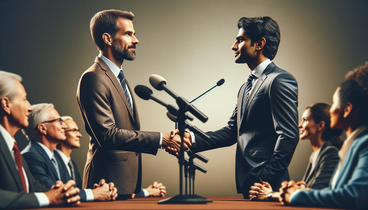 A candid photo of two speakers interacting and shaking hands at a press conference