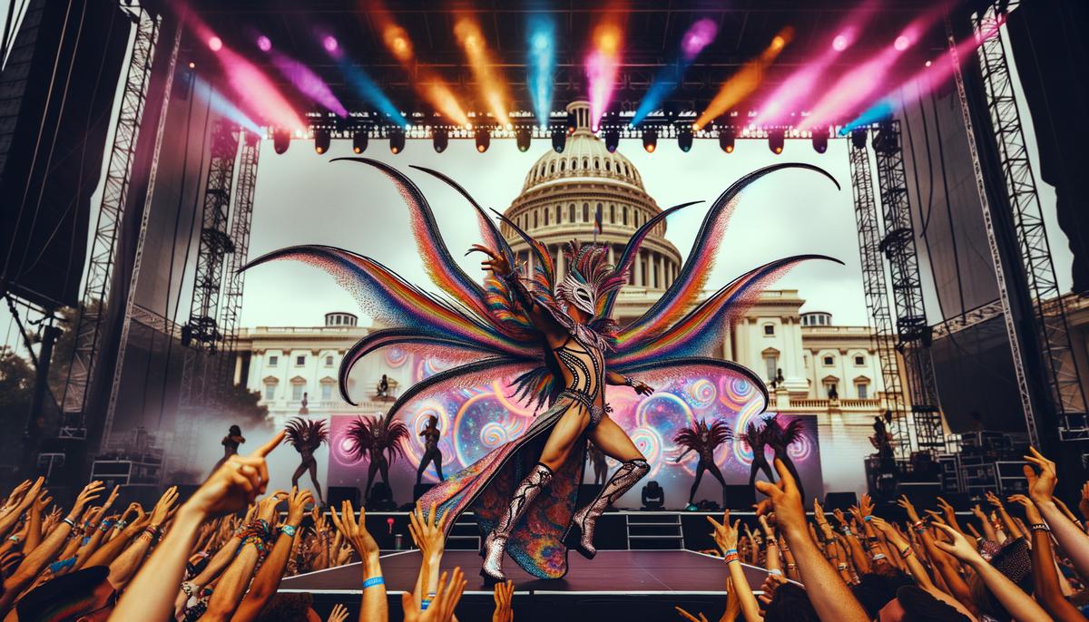 A dynamic performance at the Capital Pride Festival in Washington DC, showing a vibrant stage act with colorful costumes and an enthusiastic crowd in the foreground