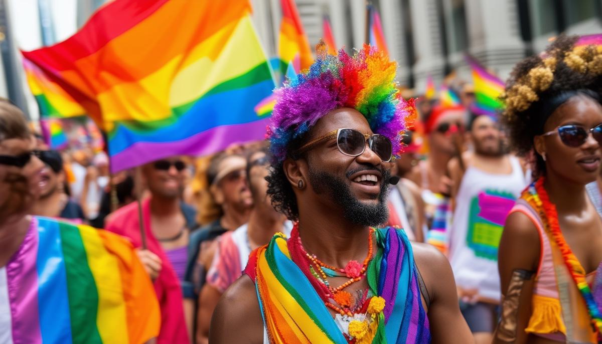 A colorful scene from the Capital Pride Parade in Washington DC, showing diverse participants marching with rainbow flags and costumes