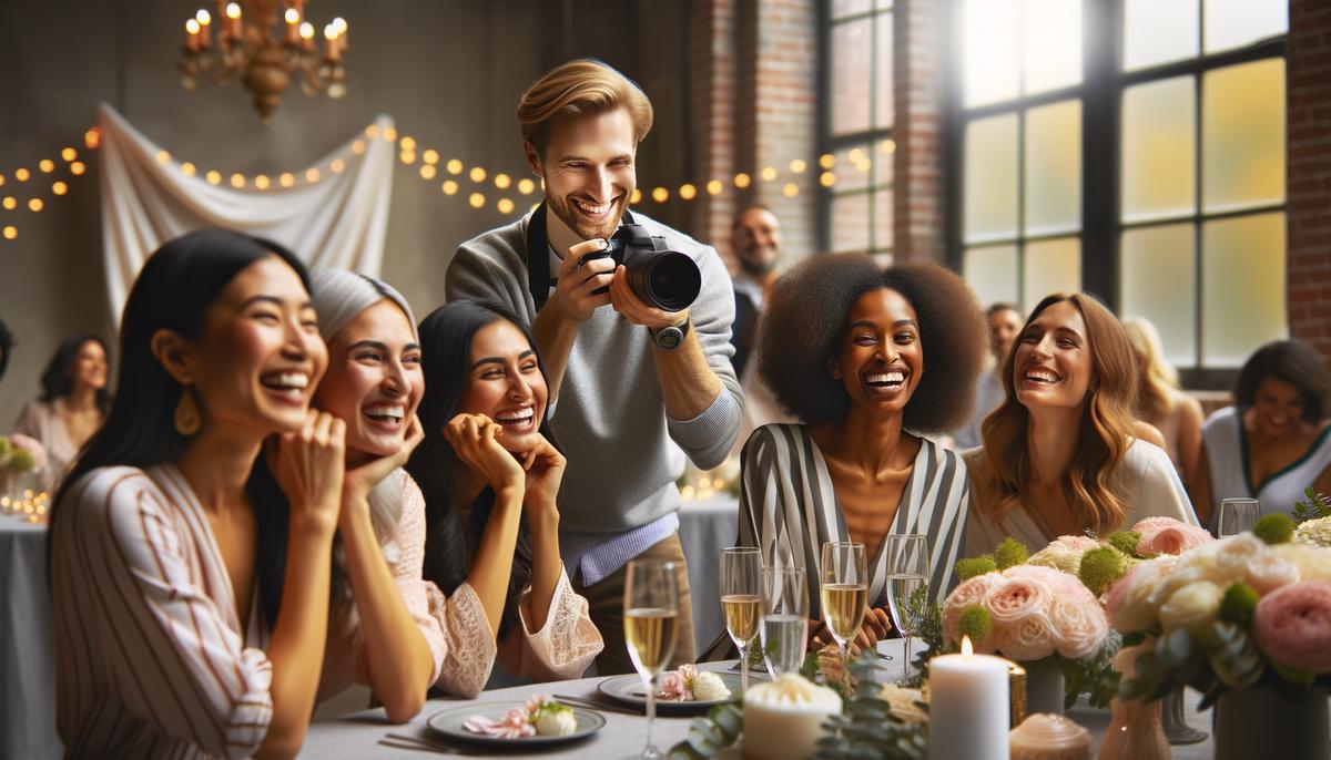 A photographer discreetly capturing candid moments and emotional reactions at a bridal shower celebration.