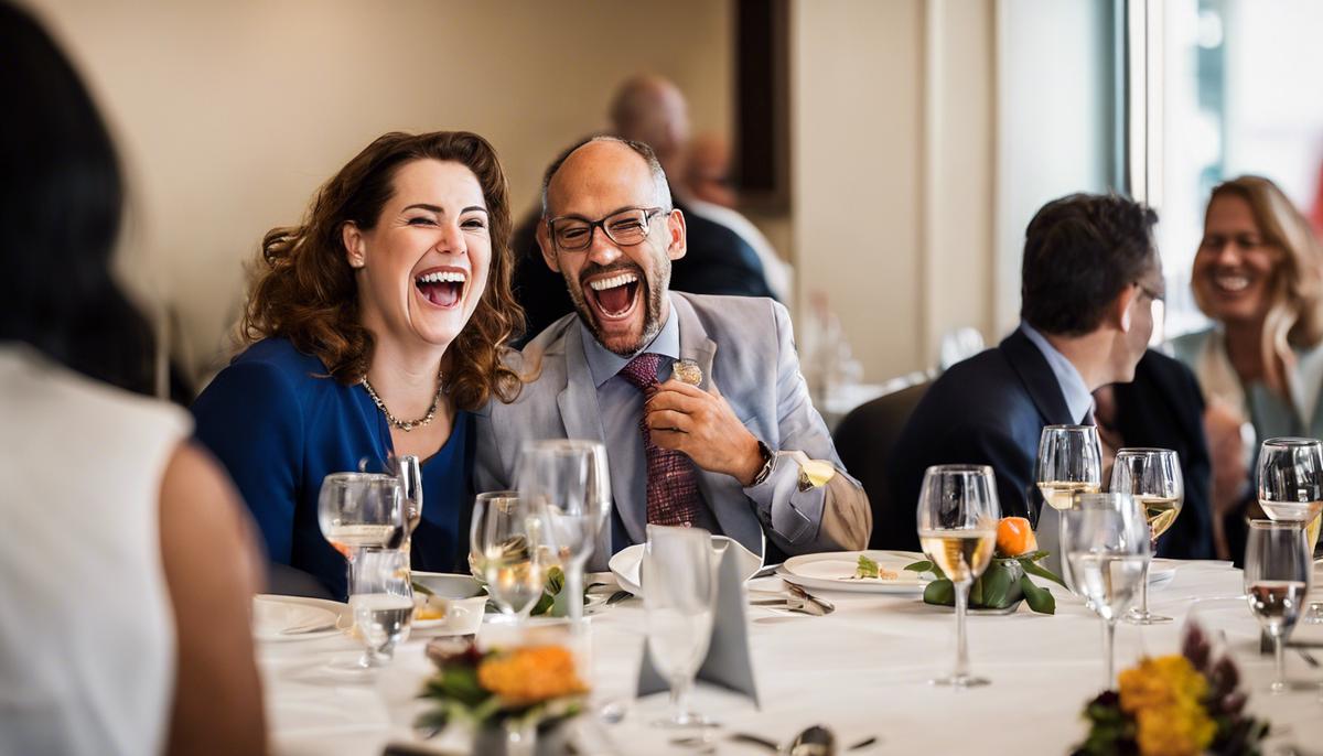 A photographer capturing a candid moment of laughter between two people at a business luncheon