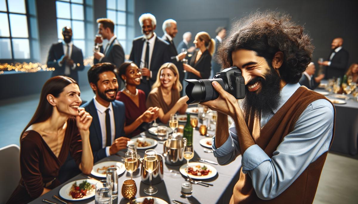 A photographer discreetly capturing candid moments of laughter and interaction between colleagues at a corporate holiday party