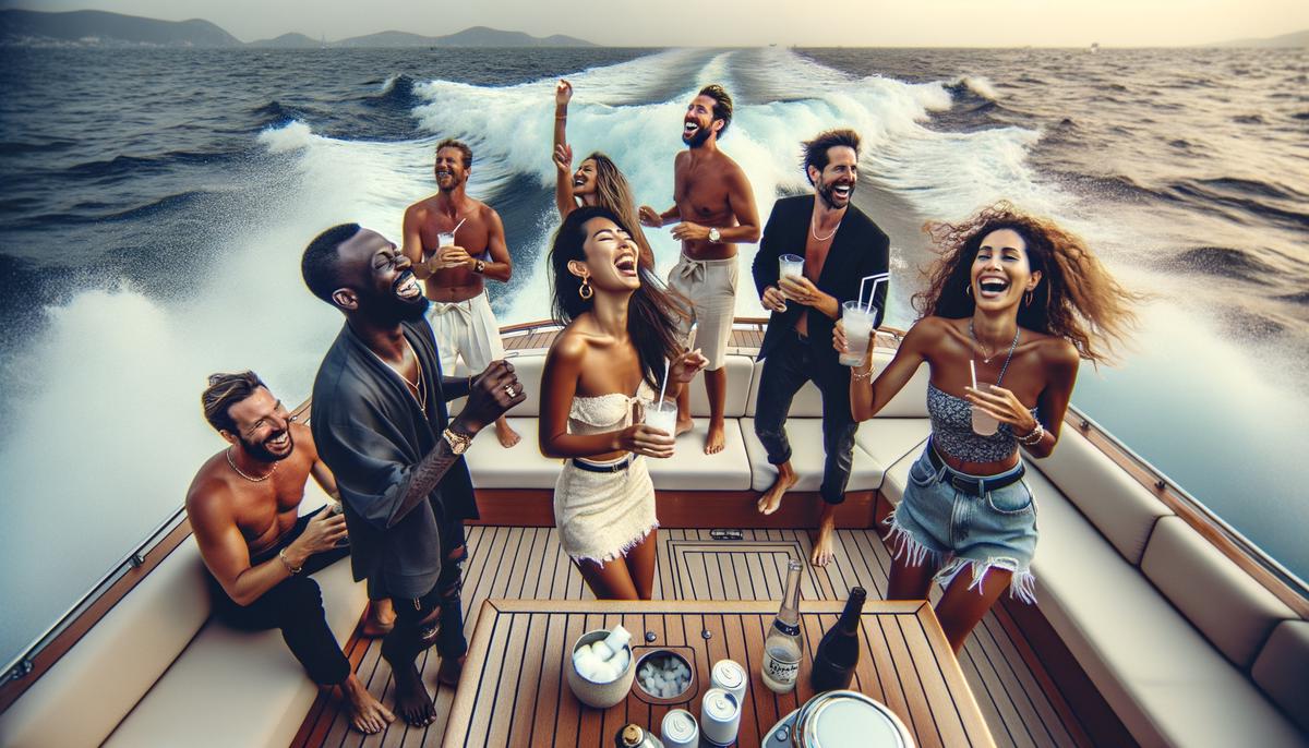 A candid photograph of people laughing and dancing at a yacht party, with motion blur adding to the sense of energy