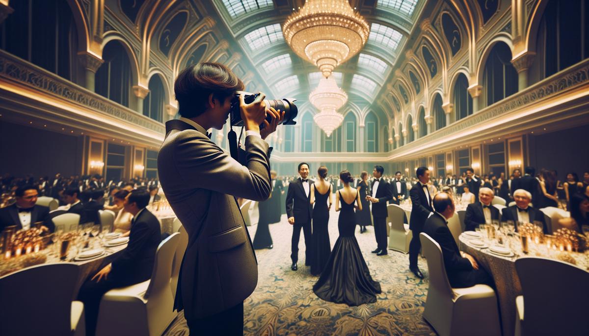 A professional photographer discreetly capturing candid moments at a gala event