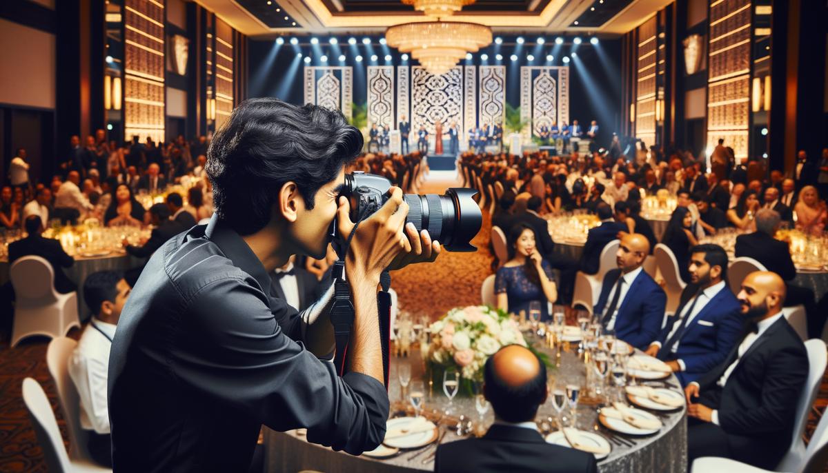 A photographer capturing multiple aspects of an Atlanta gala, including a keynote speaker, guest interactions, and venue details