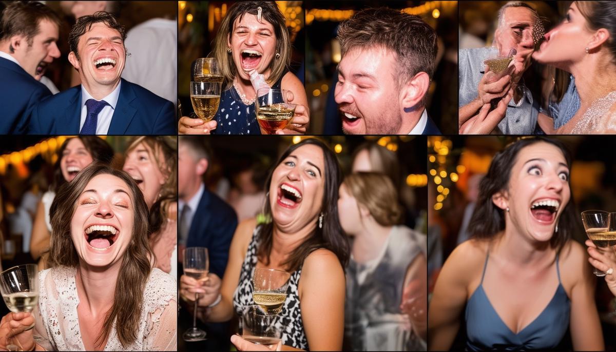 A montage of candid party photographs showing laughter, toasts, and surprised expressions