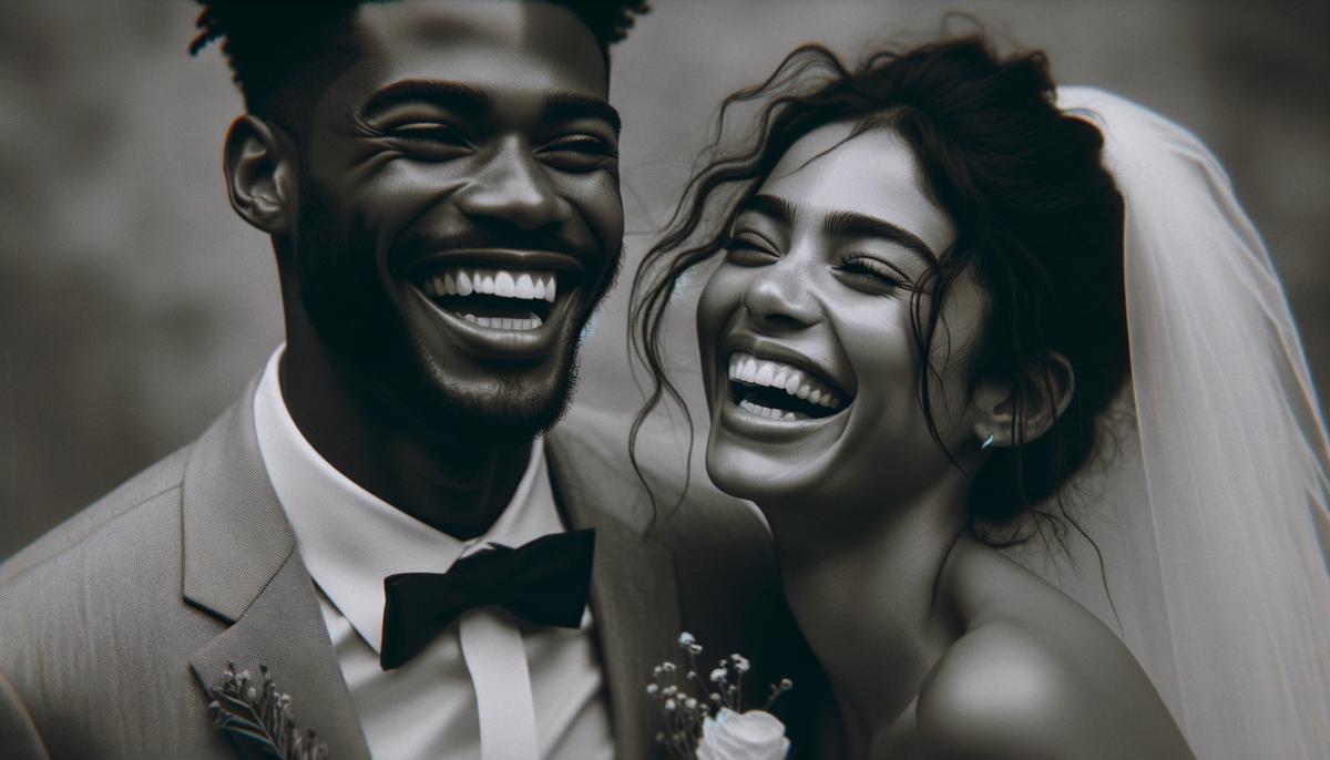 A candid black and white photograph of a bride and groom laughing together, captured by Caroline Jaden Photography in San Antonio.