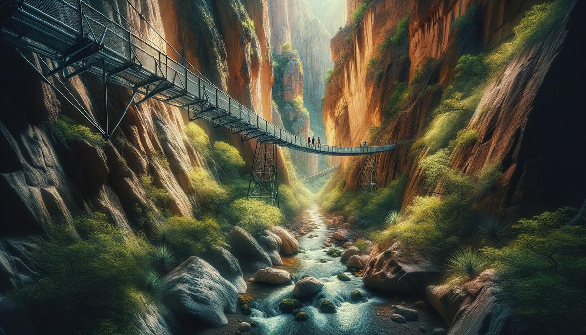 A scenic view of the Catwalk National Recreation Trail with its suspended walkways over a canyon and flowing creek