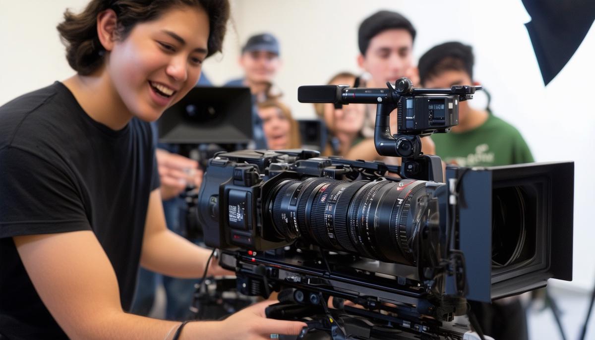 Students from the City College of San Francisco's Cinema Department enthusiastically learning to use professional-grade film equipment, such as Black Magic cinema cameras and prime lenses, in a hands-on setting.