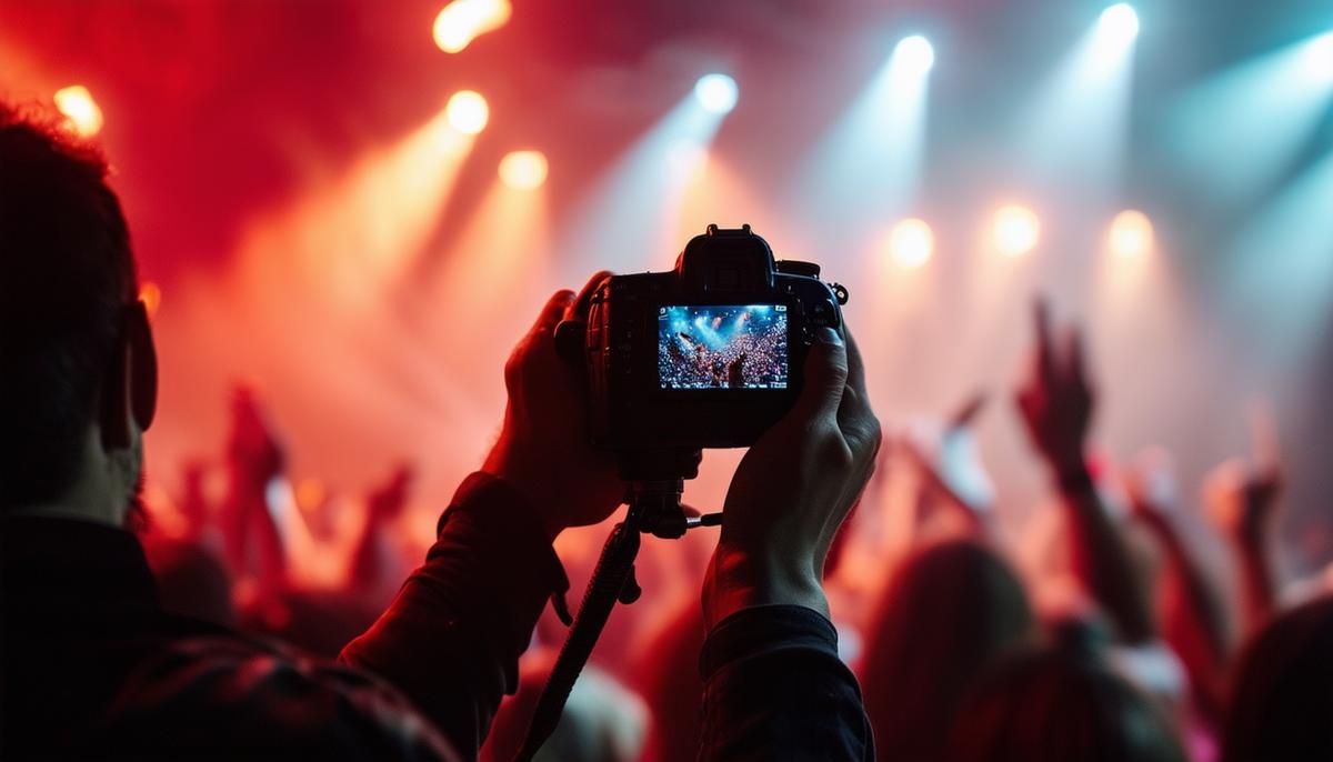 A concert photographer capturing a live performance, facing challenges like limited shooting time, dim lighting, and navigating through crowds, showcasing the determination and skill required.