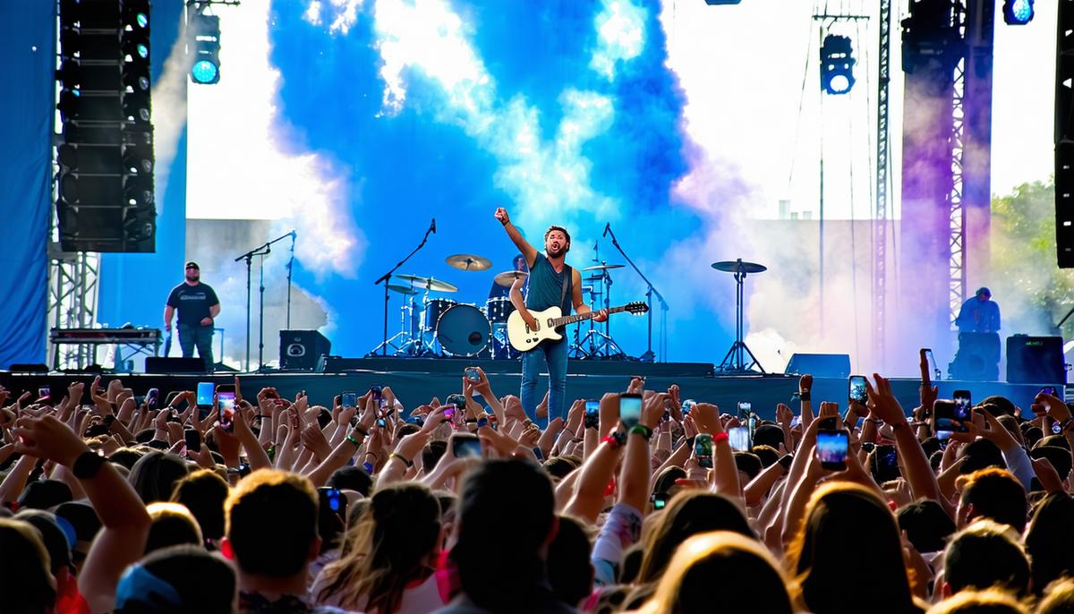 Chappell Roan performing energetically on the American Express stage at ACL, with a sea of fans waving their hands