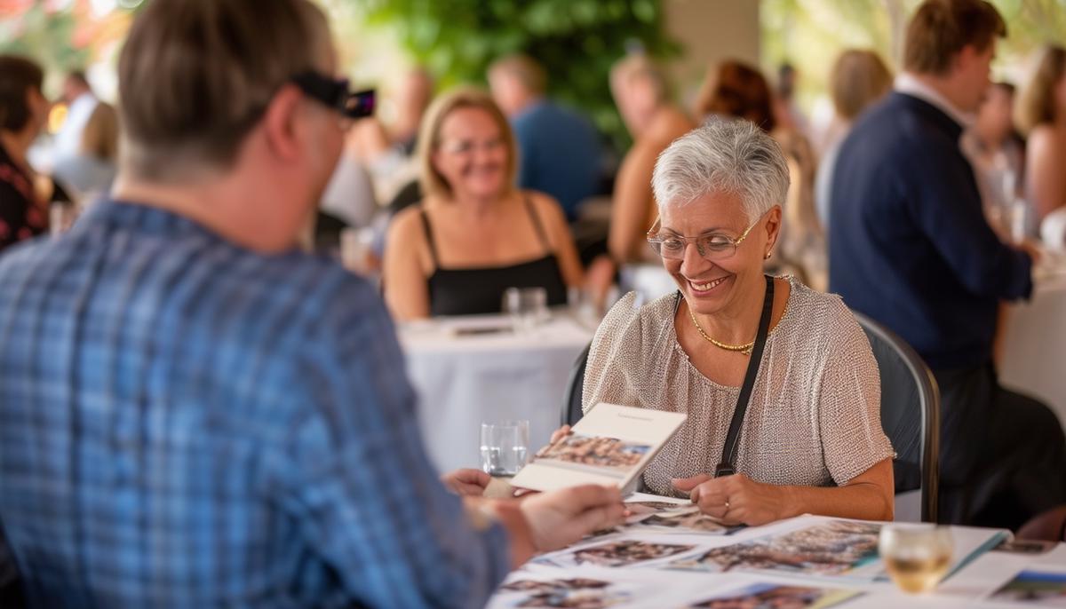 A satisfied client reviewing charity event photos with the photographer