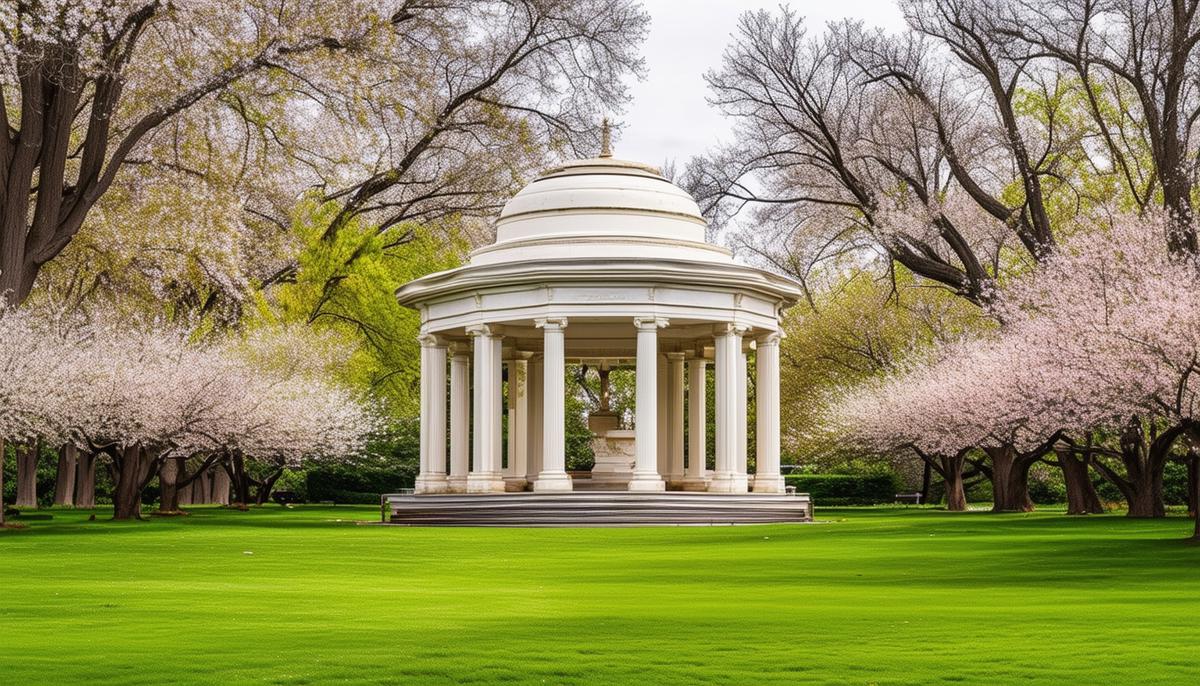 Neoclassical pavilion in Cheesman Park surrounded by blooming trees and green lawns