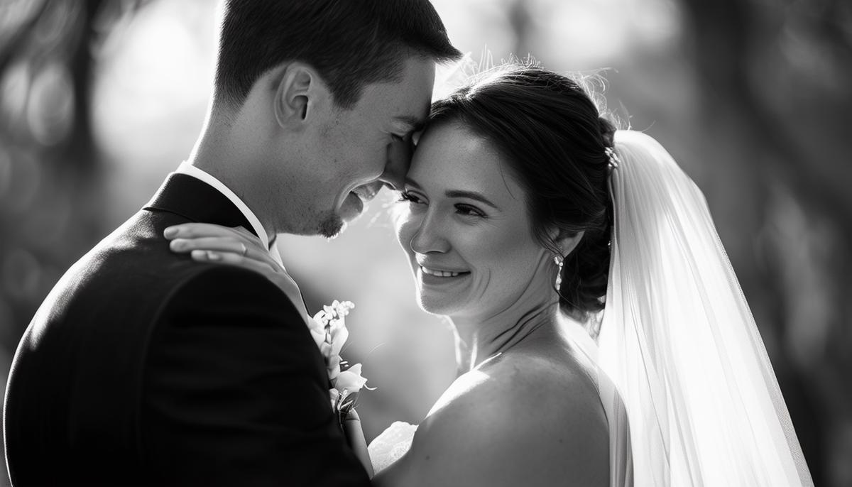 A stunning black and white photograph of a newlywed couple embracing, with the focus on their emotional expressions and the photographer's ability to capture the essence of their love story.