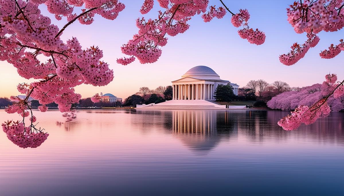 Early morning view of the Tidal Basin in Washington DC during the Cherry Blossom Festival, with pink cherry blossoms framing the calm water and the Jefferson Memorial visible in the background