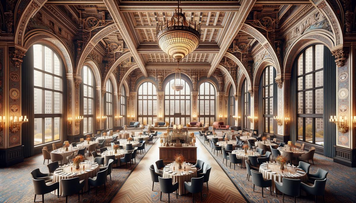 The elegant ballroom of the Chicago Athletic Association Hotel with its Gothic Revival architecture and city views
