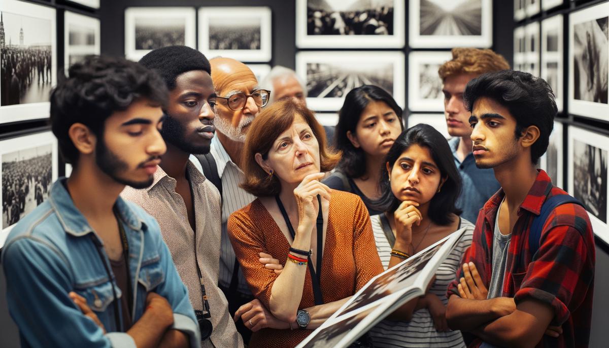 Visitors examining powerful photojournalism images at an exhibition in the Chicago Center for Photojournalism