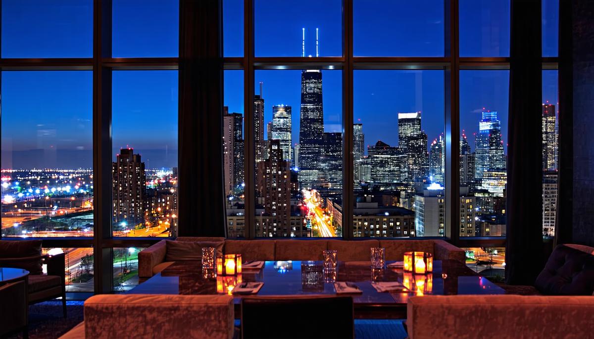 Chicago's illuminated skyline at night, visible through the windows of an upscale event venue