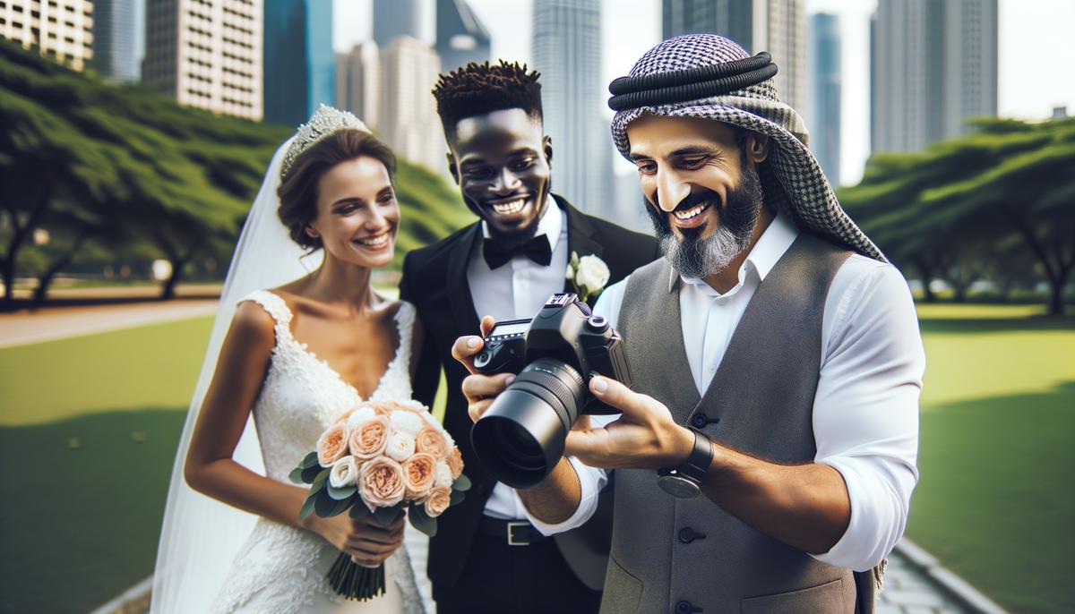 A Chicago wedding photographer interacting warmly with a couple during a photo session