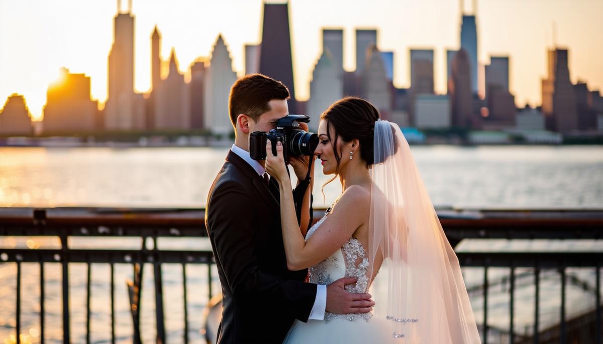 A wedding photographer capturing a couple with the Chicago skyline in the background