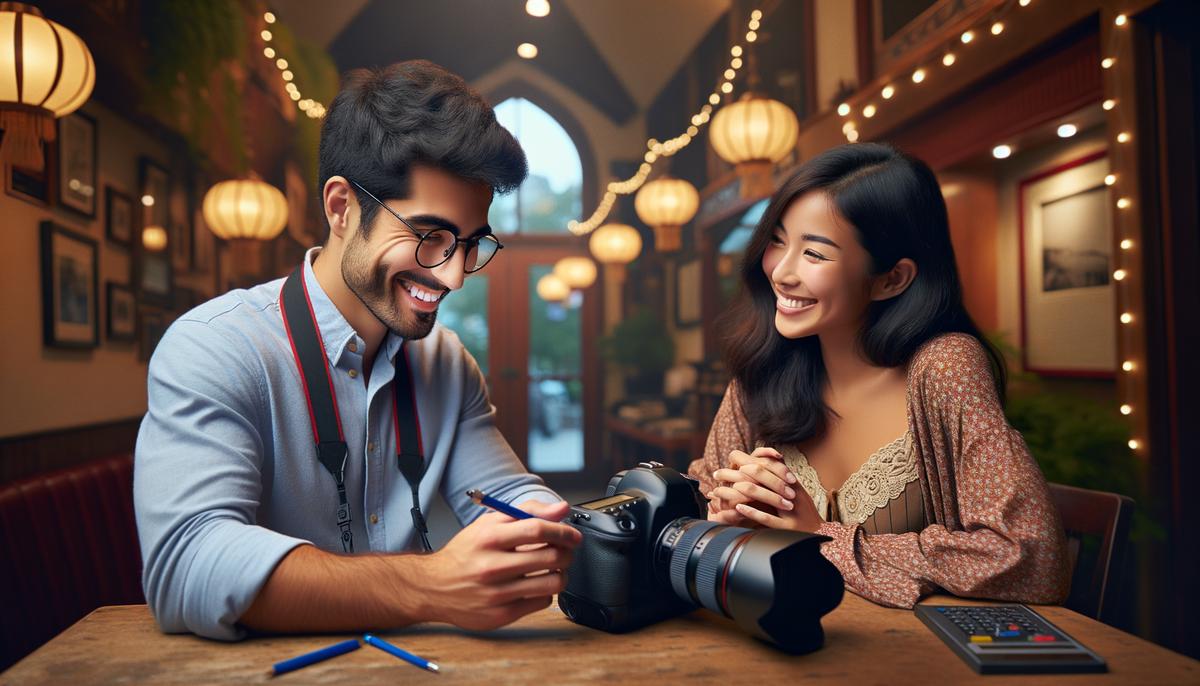 A happy client meeting with a professional event photographer in San Antonio, discussing their portfolio, experience, and event vision.