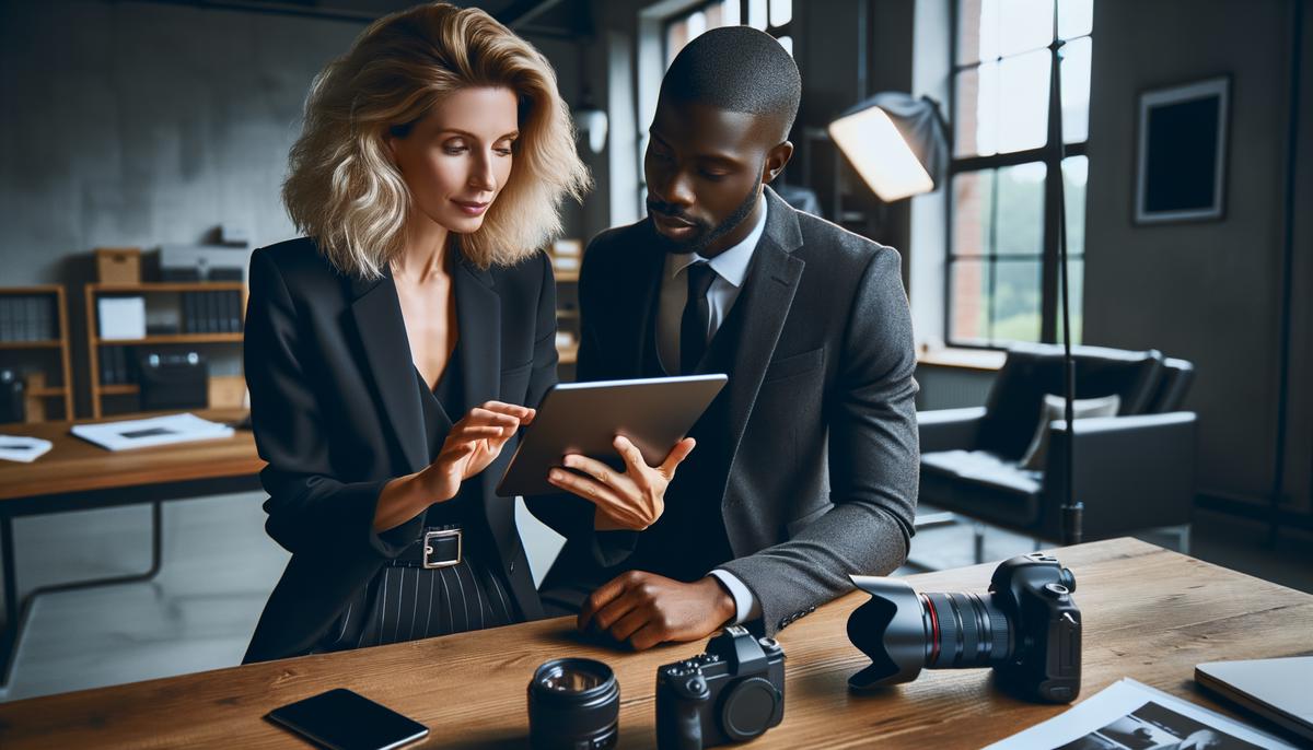 A professional corporate photographer in Nashville discussing a shot list with a client