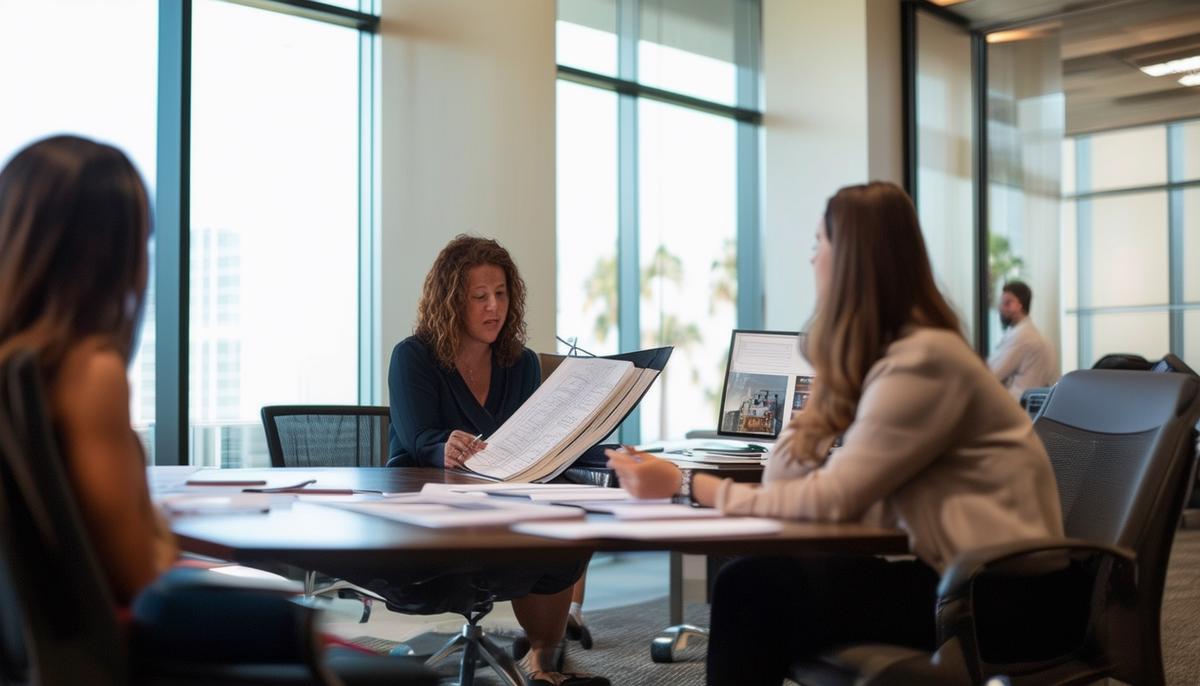 A client reviewing portfolios and meeting with potential event photographers in a Tampa office setting