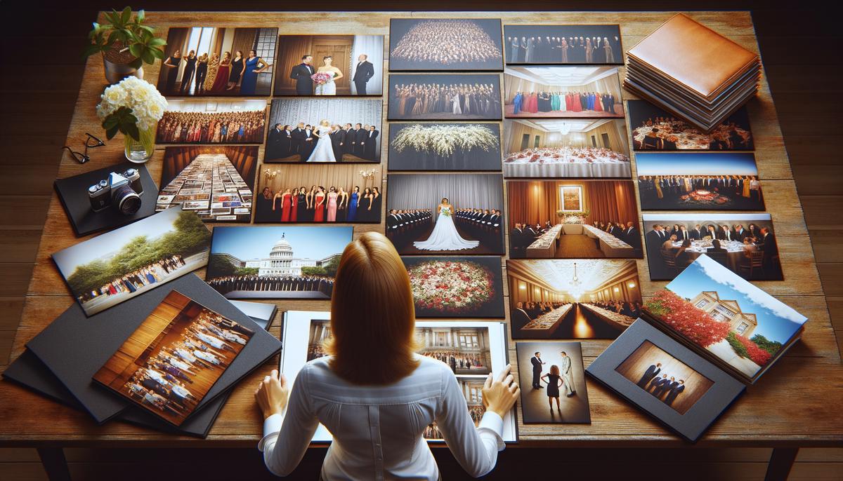 A client reviewing portfolios of different event photographers, with sample photos of various DC events spread out on a table