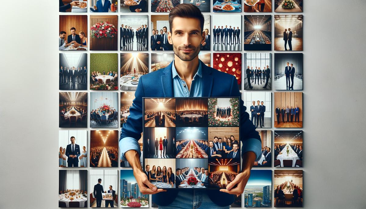 A corporate event photographer with a diverse portfolio of successful events, symbolizing the importance of choosing an experienced professional.