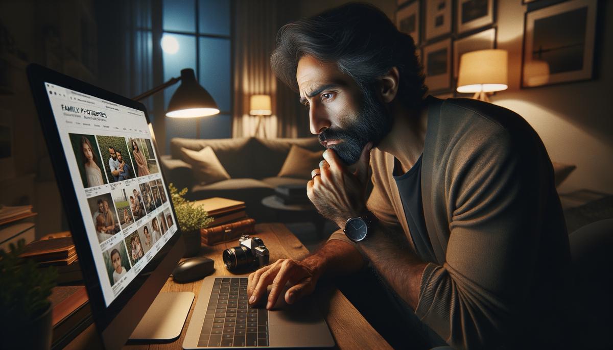 A thoughtful parent browsing through the online portfolios of various Houston family photographers, considering their styles and reviewing client testimonials to find the perfect match for their family photoshoot.