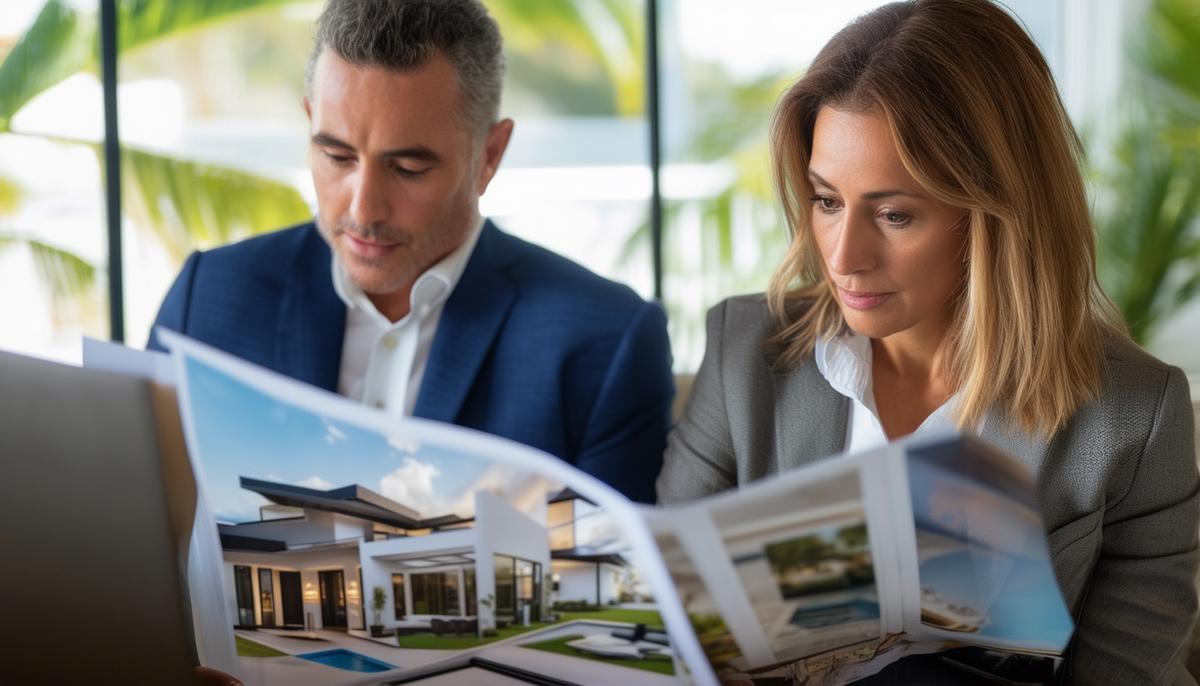 A discerning real estate agent reviewing the portfolio of a professional Miami real estate photographer, emphasizing the importance of selecting a photographer with a strong portfolio, technological proficiency, and an understanding of the local market to effectively showcase properties and appeal to target buyers.