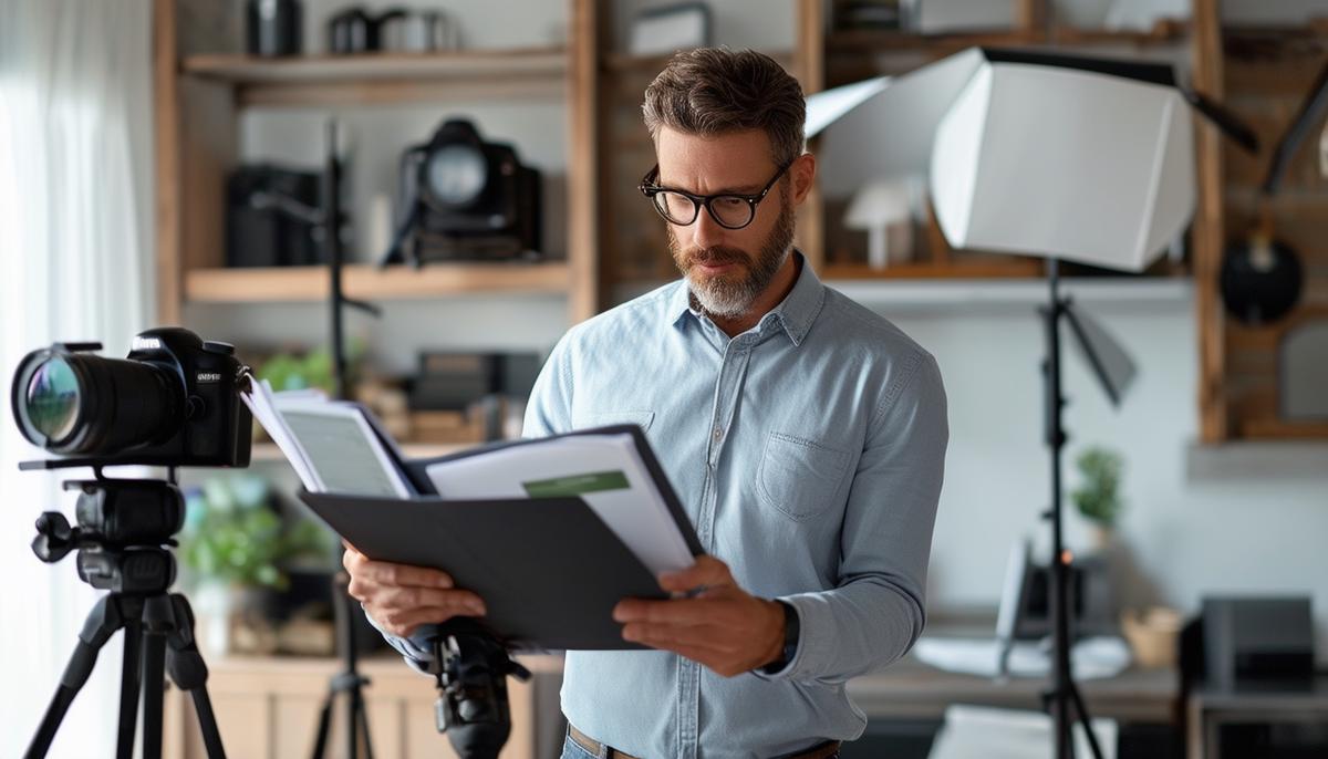 A real estate agent reviewing portfolios and equipment of different photographers, making a selection for their property listing