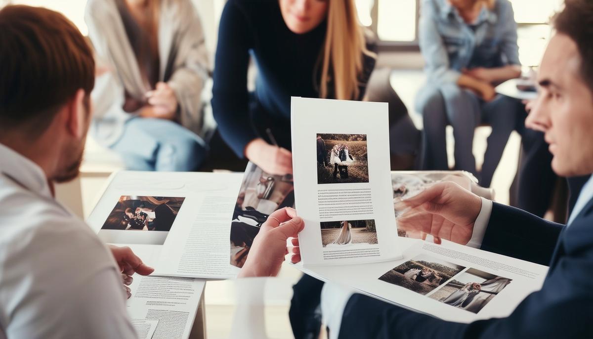 A montage of a client reviewing a photographer's portfolio and having a consultation