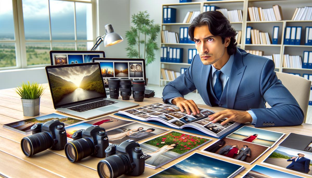 A person reviewing portfolios and equipment of different Denver event photographers