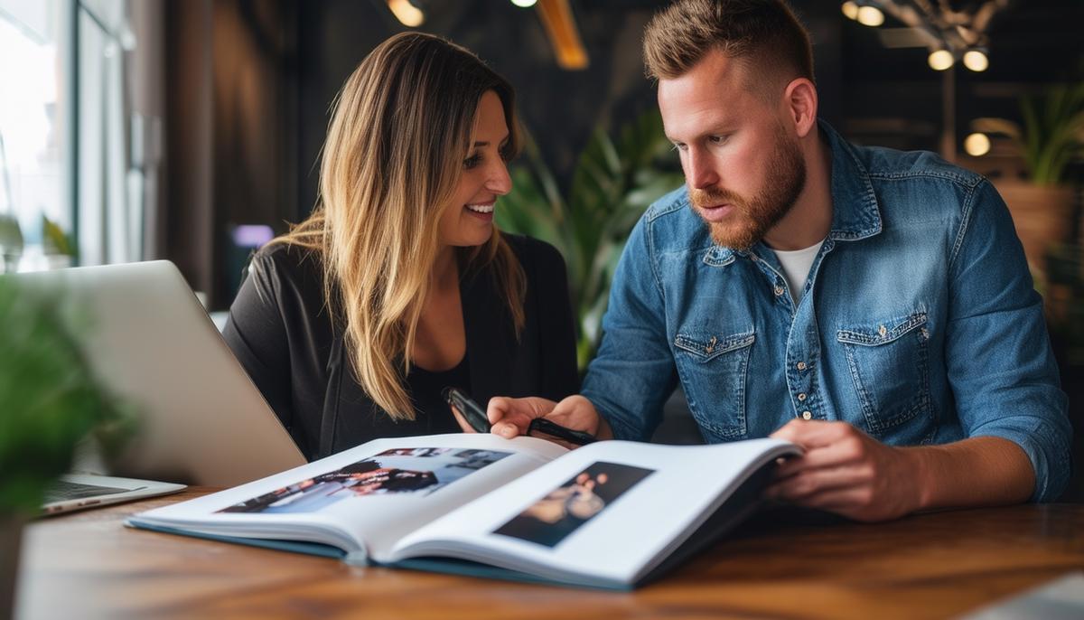 A client reviewing a sports photographer's portfolio during a consultation