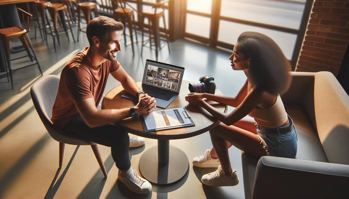 A San Antonio sports photographer consulting with a client, discussing their portfolio and photography packages, emphasizing the importance of selecting the right photographer for your needs.