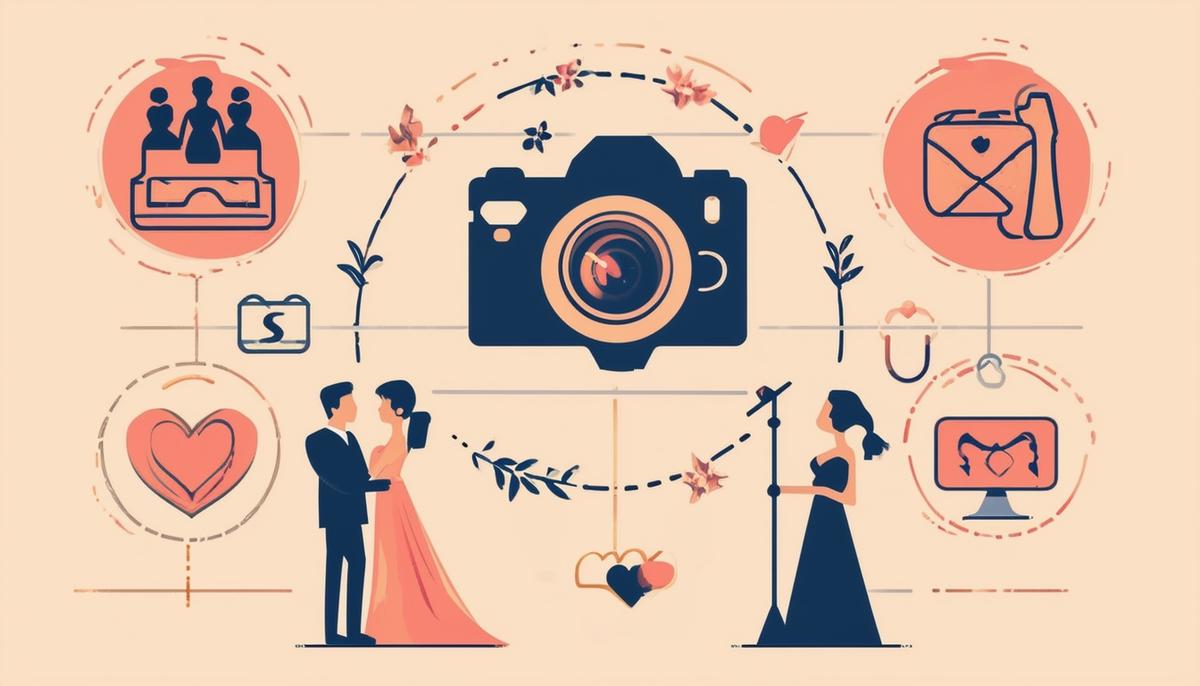 An illustration depicting the key factors to consider when choosing a Houston wedding photographer, such as style, personality, budget, and connection, represented by relevant icons and symbols.