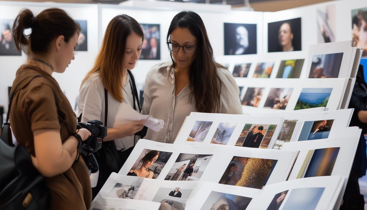 A client reviewing portfolios of different trade show photographers