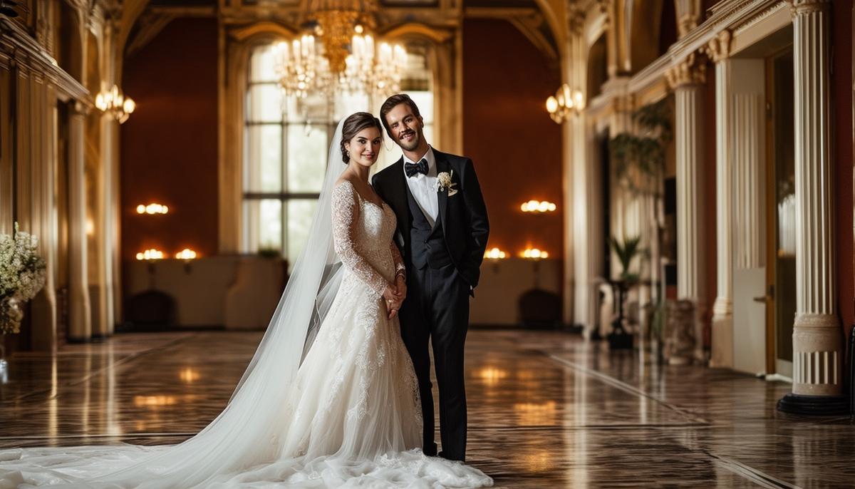 A bride and groom in classic, elegant attire posed for a formal portrait in a luxurious ballroom setting