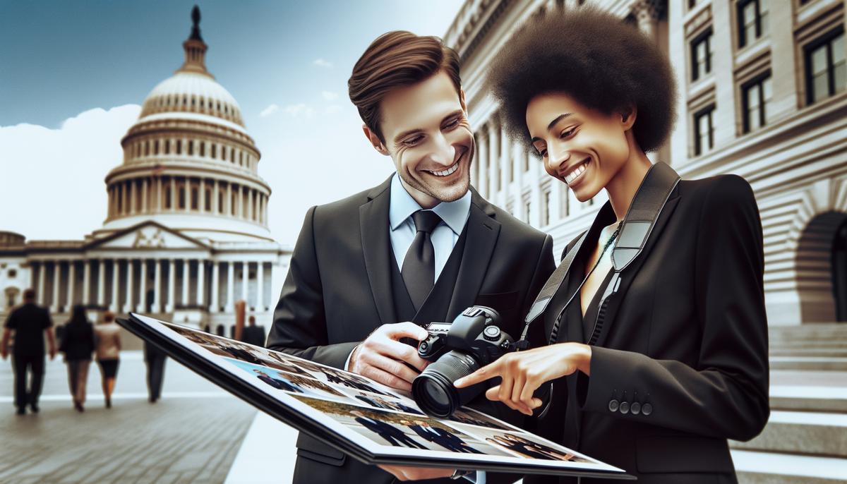 A satisfied client reviewing photos with an event photographer in a Washington D.C. setting