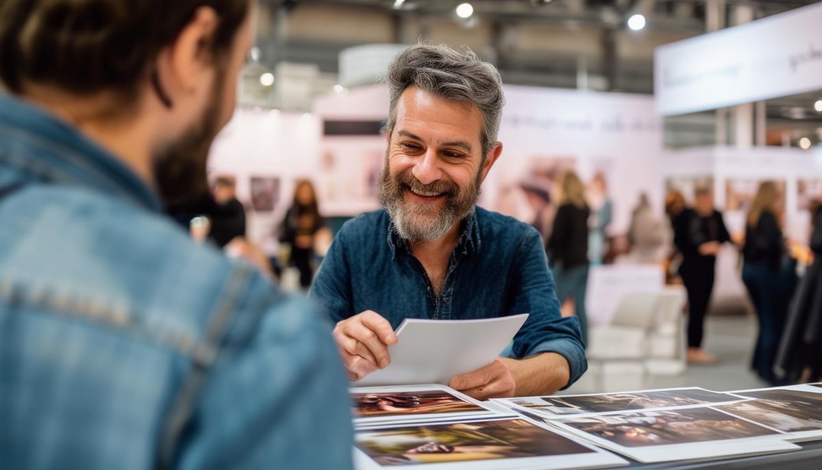 A client reviewing a portfolio of expo photos with a photographer