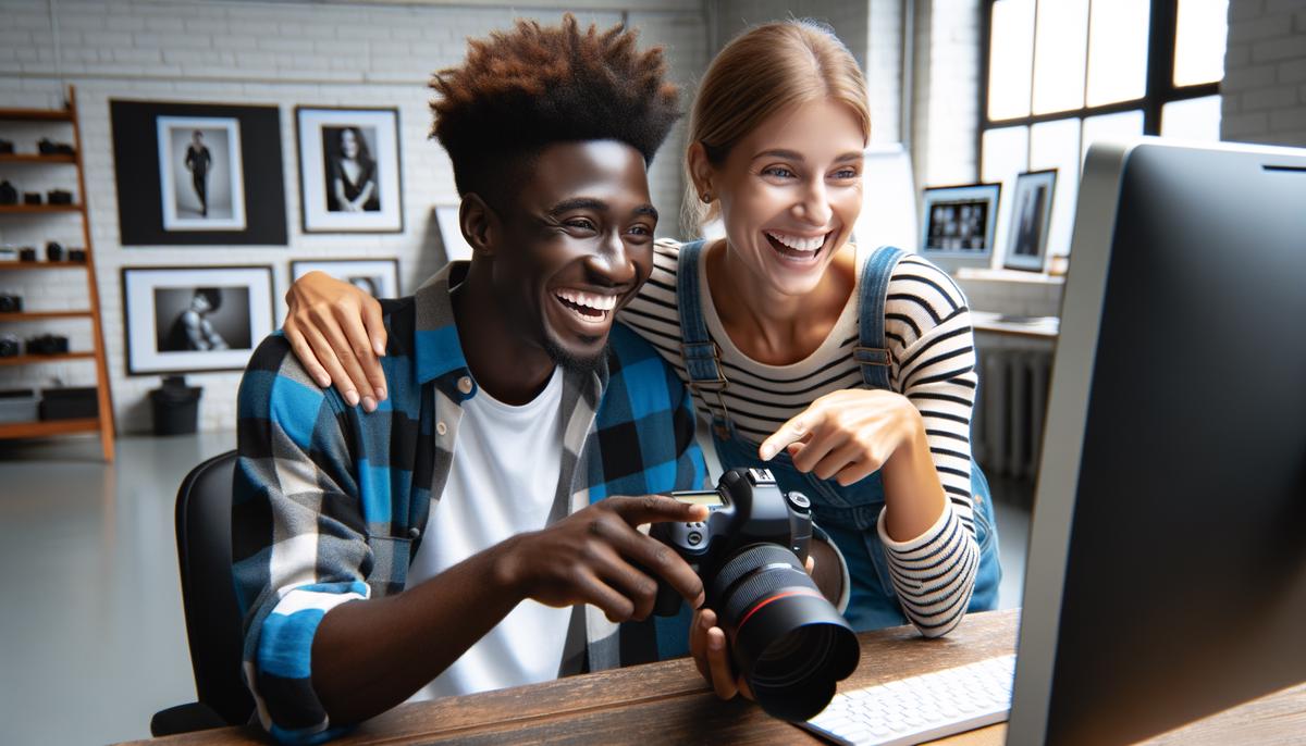 A satisfied client reviewing their professional photographs with a Dallas photographer
